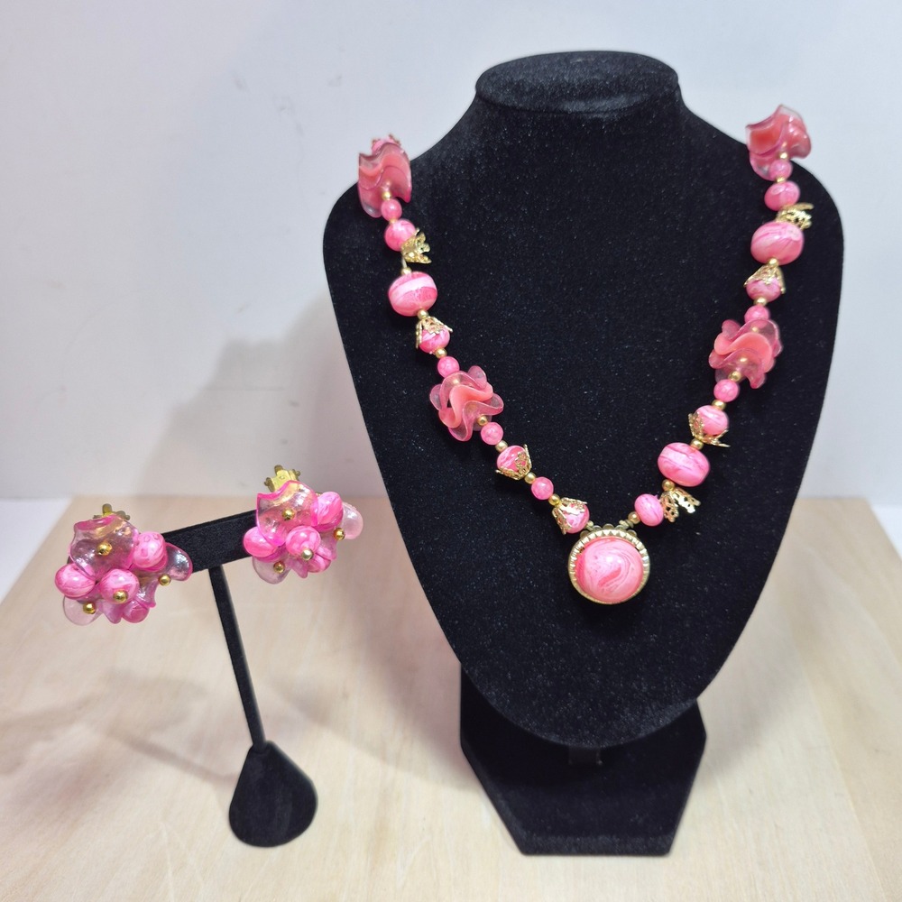Vintage‎ Hong Kong Pink Marbled Bead Necklace and Clip-On Earring Set Floral